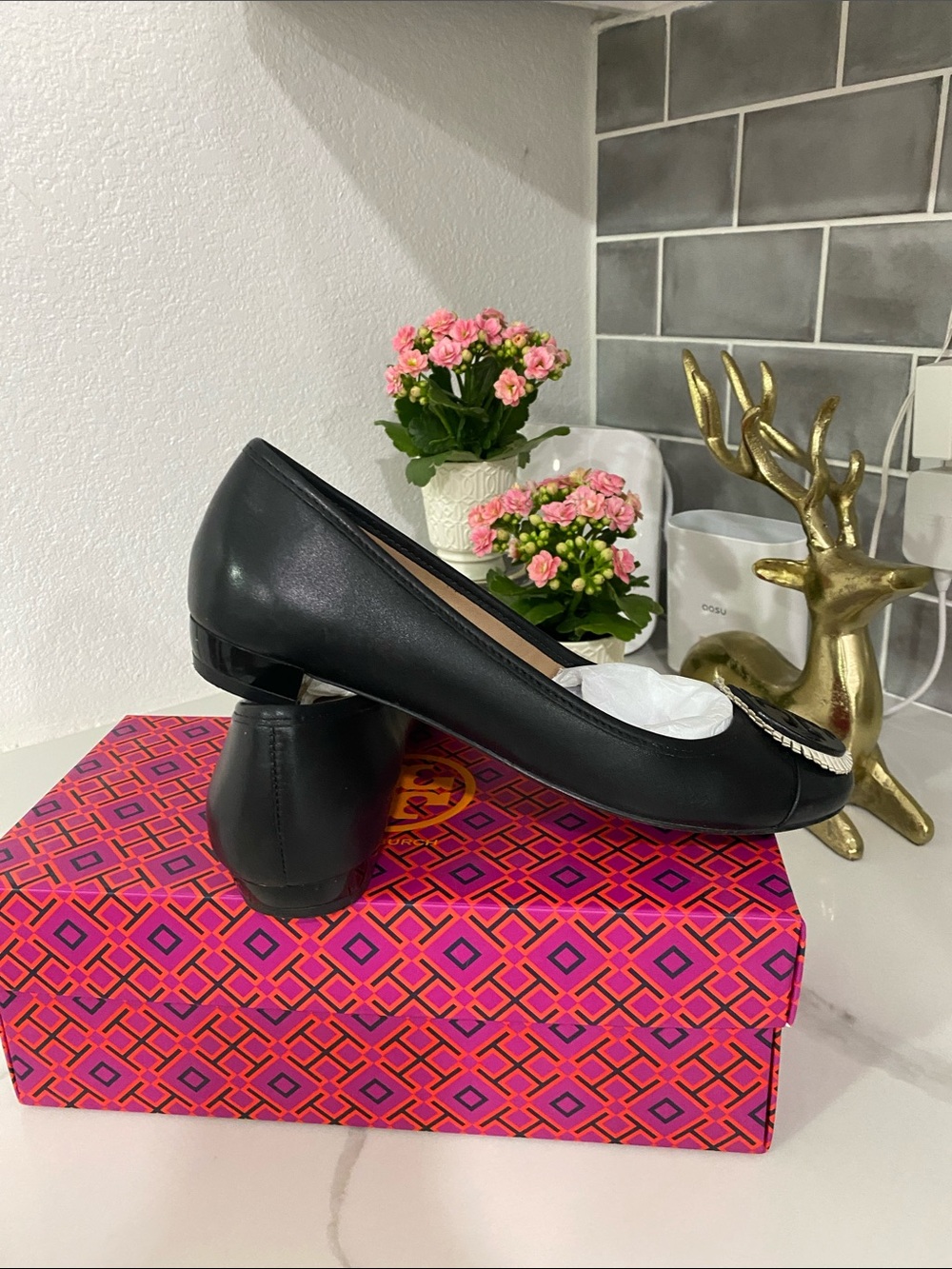 Tory Burch Black Leather Logo Medallion Flats - Picture 3 of 5